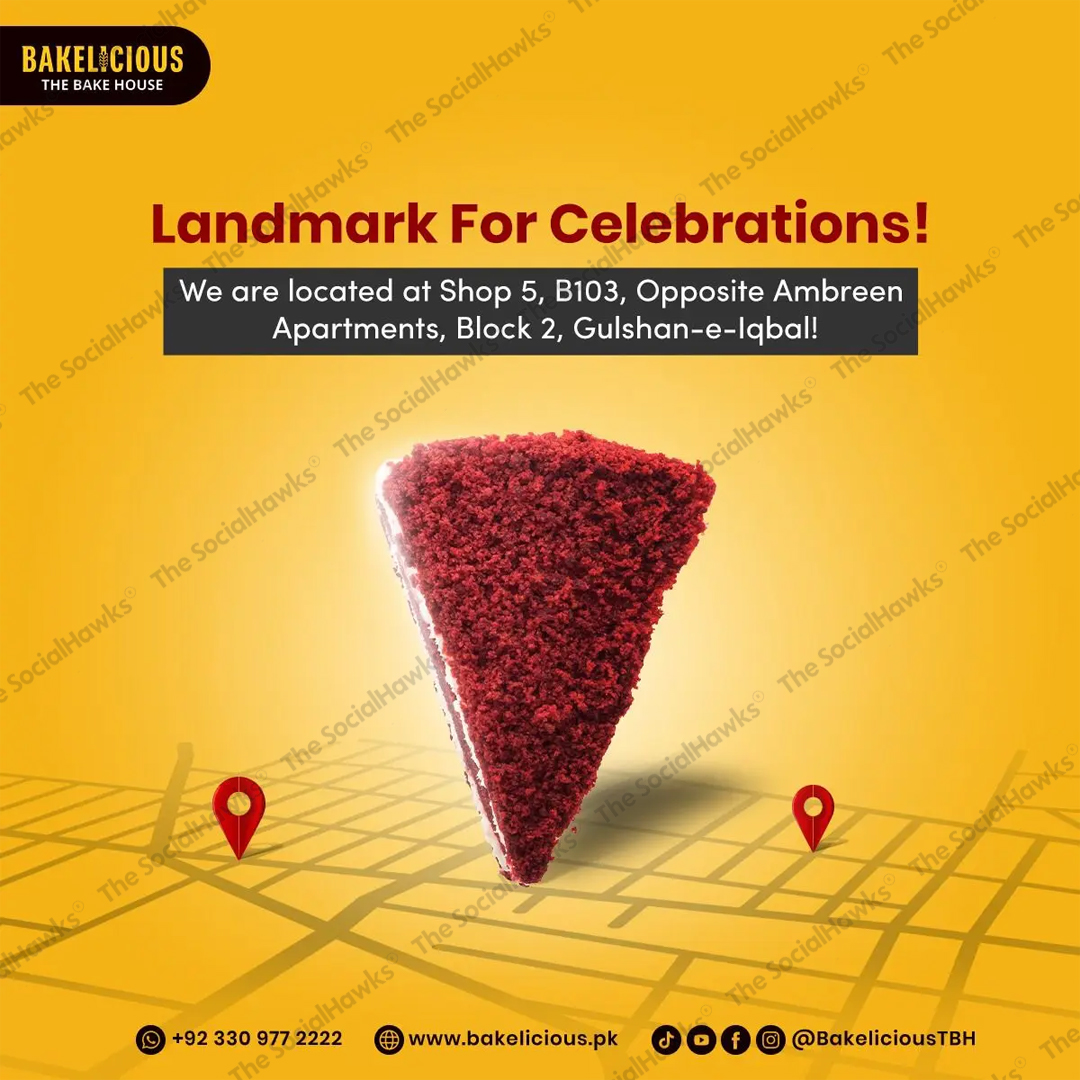 Bakelicious bakery location post with red velvet cake slice on map background